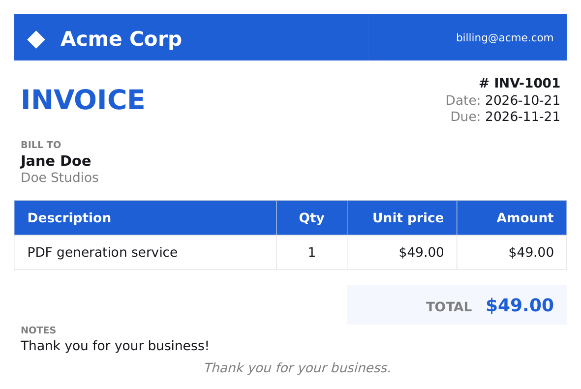 A real invoice PDF generated by PDFStamp from a Word template.