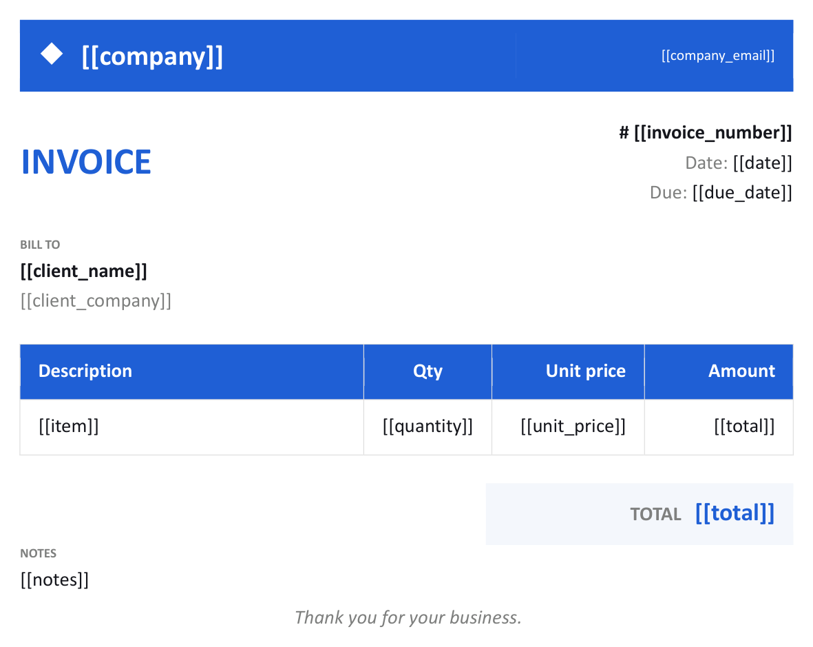 A Word invoice template with [[placeholder]] tokens.